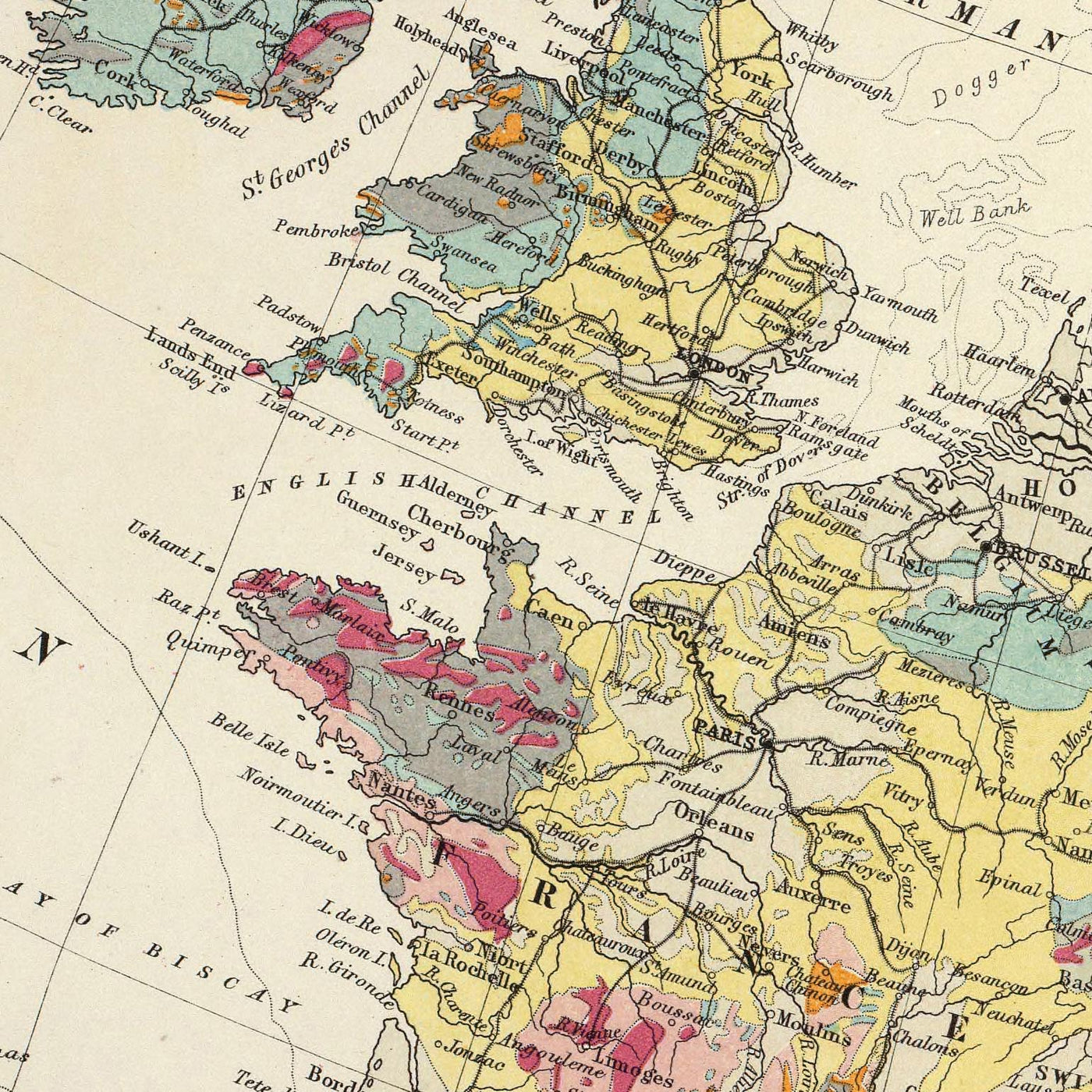 Alte geologische Karte von Europa von AK Johnston, 1856: Geologische Karte von Bergen, Gesteinen, Schichten 