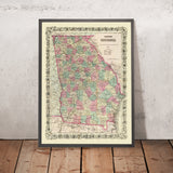 Ancienne carte de la Géorgie par JH Colton, 1871 : Savannah, Augusta, Columbus, Macon et Athènes