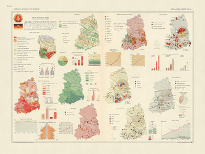 Antiguo mapa infográfico de la República Democrática Alemana, 1967: población, industria, comercio exterior