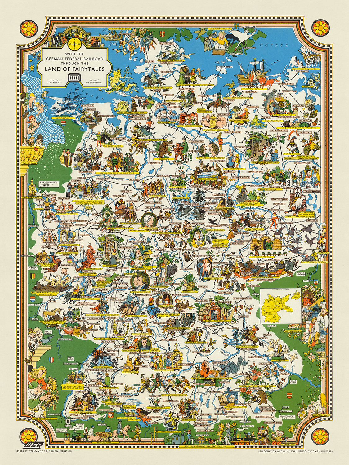 German Map Hawk Old Map of German Fairytales, 1960: Little Red Riding Hood, Hansel & G ...