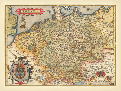 Alte Karte von Deutschland, dem Heiligen Römischen Reich von Ortelius, 1573: Germania, Polen, Rhein, Elbe, Donau, Alpen, Ostsee 