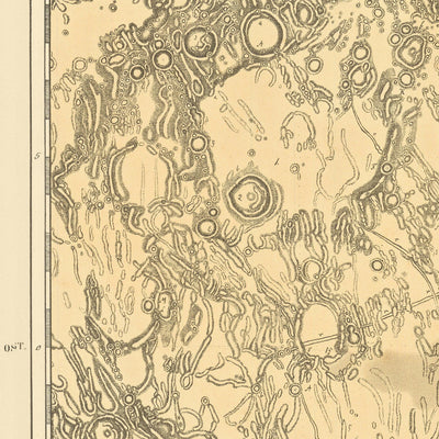 Antiguo mapa infográfico de la Luna por Schmidt, 1878: cráteres, riachuelos y elevaciones detallados