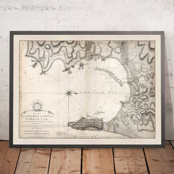 Old Map of Gibraltar by William Faden, 1775: Gibraltar Harbor, Catalan Bay, Europa Point, the Rock of Gibraltar, Alameda Gardens