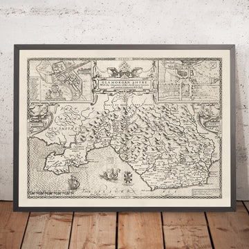 Antiguo mapa monocromo de Glamorgan, Gales, 1611 por John Speed - Cardiff, Swansea, Bridgend, Port Talbot, Barry