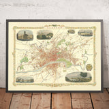 Mapa antiguo de Glasgow, 1851: Royal Exchange, Universidad, Necrópolis, Río Clyde, Glasgow Green 