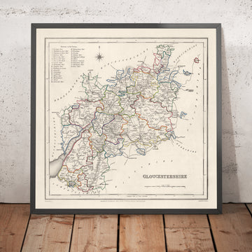 Mapa antiguo de Gloucestershire por Samuel Lewis, 1844: Bristol, Cheltenham, Cirencester, Stroud, Tewkesbury
