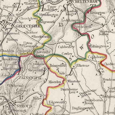 Old Map of Gloucestershire by Samuel Lewis, 1844: Bristol, Cheltenham, Cirencester, Stroud, Tewkesbury