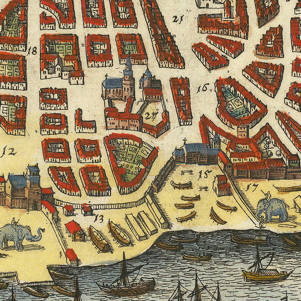 Carte ancienne de Goa à vol d'oiseau par Merian, 1650 : île de Divar, église Saint-François, palais du vice-roi, rivière Zuari, Ins. Chora