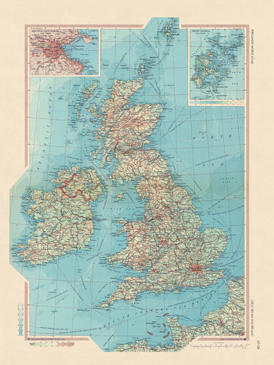 Mapa antiguo de Gran Bretaña e Irlanda, 1967: Londres, Glasgow, Edimburgo, Parque Nacional de Snowdonia, Río Támesis