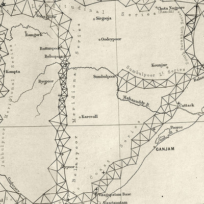 Old Map of India, 1875: Great Trigonometrical Survey, Bay of Bengal, Mumbai, Delhi, Kolkata