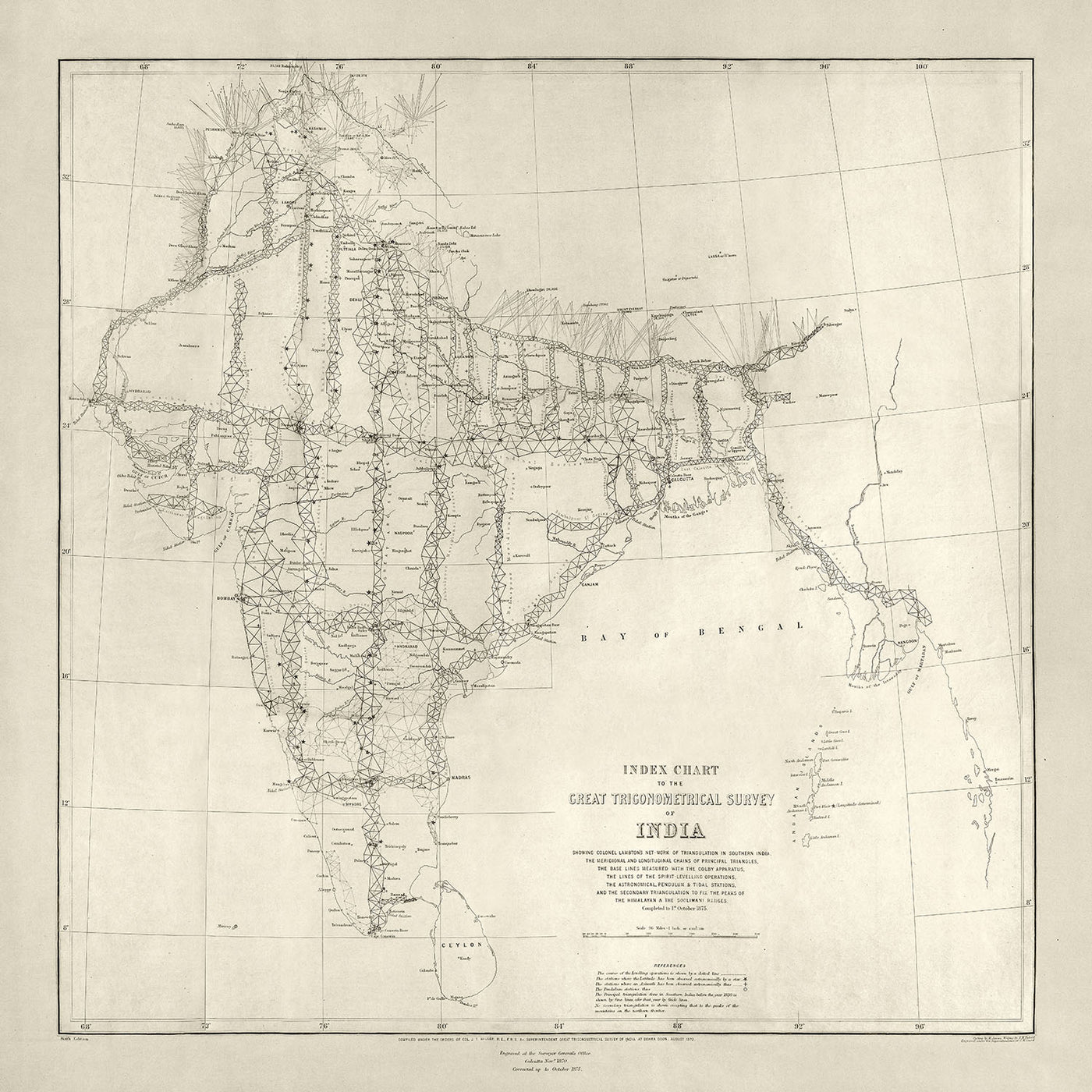 Old Map of India, 1875: Great Trigonometrical Survey, Bay of Bengal, Mumbai, Delhi, Kolkata