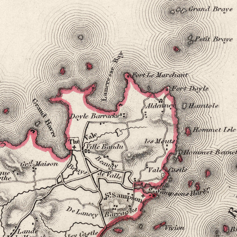 Ancienne carte de Guernesey par Samuel Lewis, 1844 : Saint-Pierre-Port, Saint-Sampson, Vale, Castel, Sark