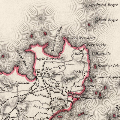 Ancienne carte de Guernesey par Samuel Lewis, 1844 : Saint-Pierre-Port, Saint-Sampson, Vale, Castel, Sark
