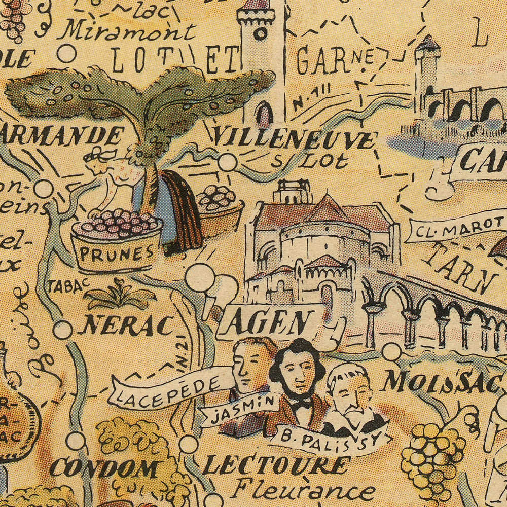 Ancienne carte picturale de la Guyenne et de la Gascogne par Liozu, 1951 : Bordeaux, Pau, Château de Pau, Tarbes, Agen