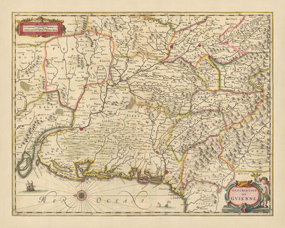 Alte Karte von Guyenne, Frankreich von Visscher, 1690: Toulouse, Bordeaux, Donostia-San-Sebastian, Pau, Pyrénées