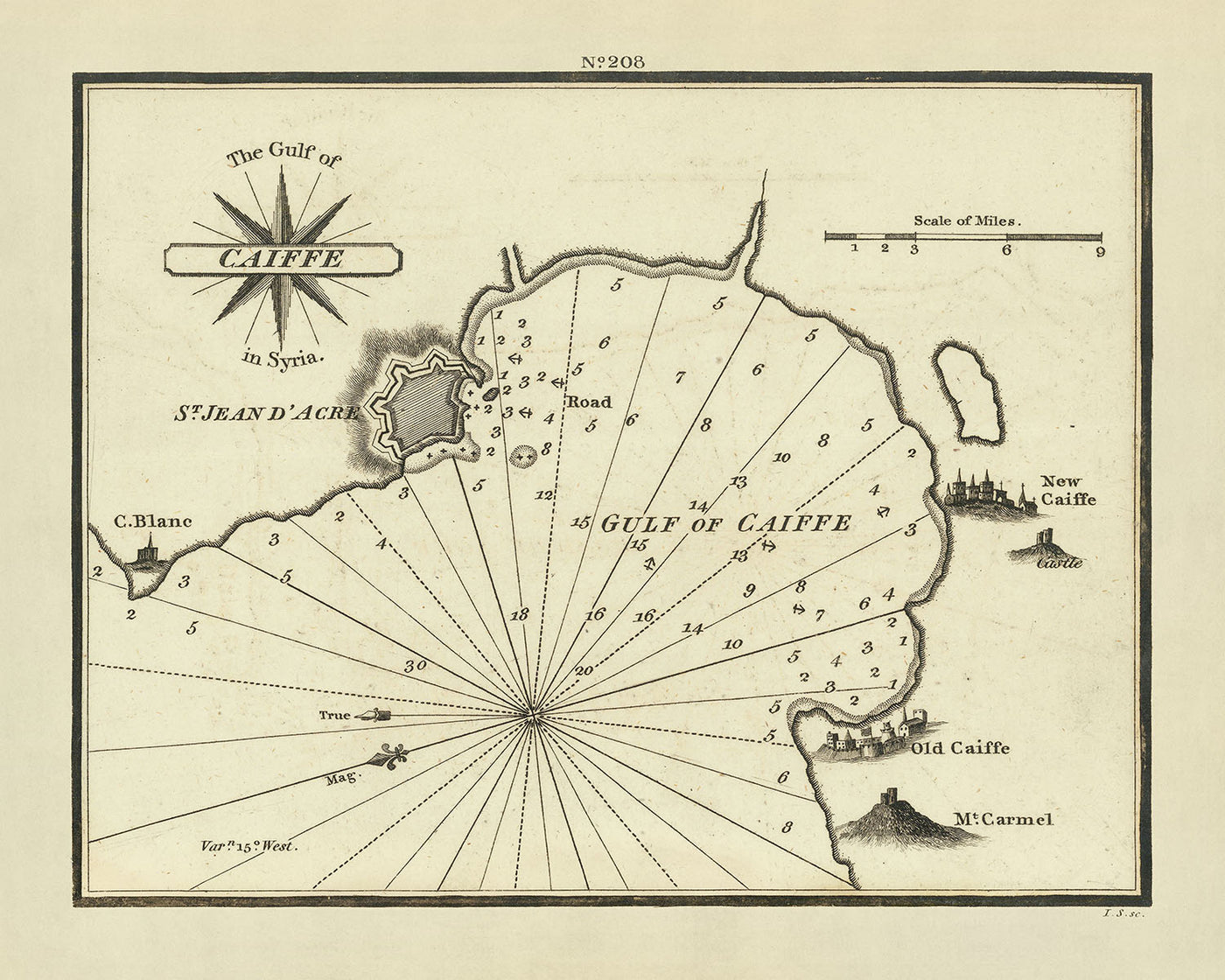 Ancienne carte marine du golfe de Caiffe par Heather, 1802 : Haïfa, Mont Carmel, Saint-Jean d'Acre