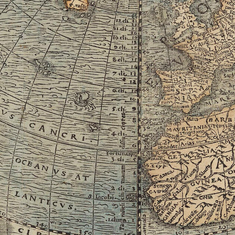 Alte Weltkarte „Herzförmige Welt“ von Fine, 1534: Herzförmige Projektion, Terra Australis, lateinische Anmerkungen