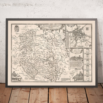 Alte Karte von Herefordshire von Speed, 1611: Hereford, Leominster, Fluss Wye, Schlacht, Wappen 