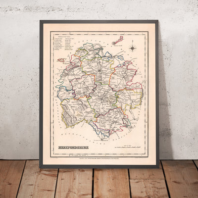 Mapa antiguo de Herefordshire por Samuel Lewis, 1844: Ledbury, Leominster, Ross-on-Wye, Bromyard, Hay-on-Wye