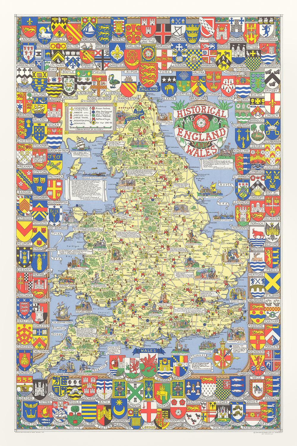 Old Historical Map of England & Wales by Bullock, 1958: Battles, Event ...