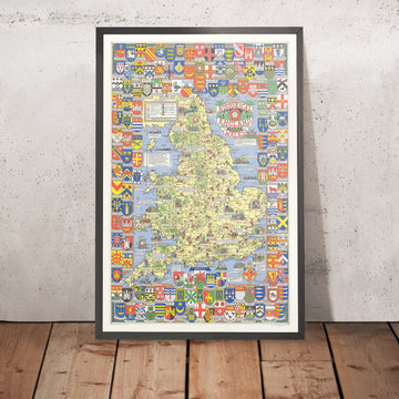 Old Historical Map of England & Wales by Bullock, 1958: Battles, Events, Famous People, City Coats of Arms