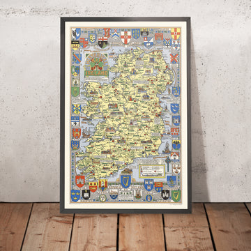 Antigua Mapa Pictórico de Irlanda por Bullock, 1955: Batallas Históricas, Nombres de Familias, Escudos de Armas 