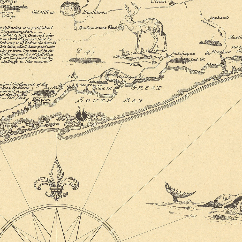 Mapa ilustrado antiguo de Long Island realizado por Clegg, 1925: ciudad de Nueva York, estrecho de Long Island, monumentos históricos, rutas marítimas, primeros asentamientos