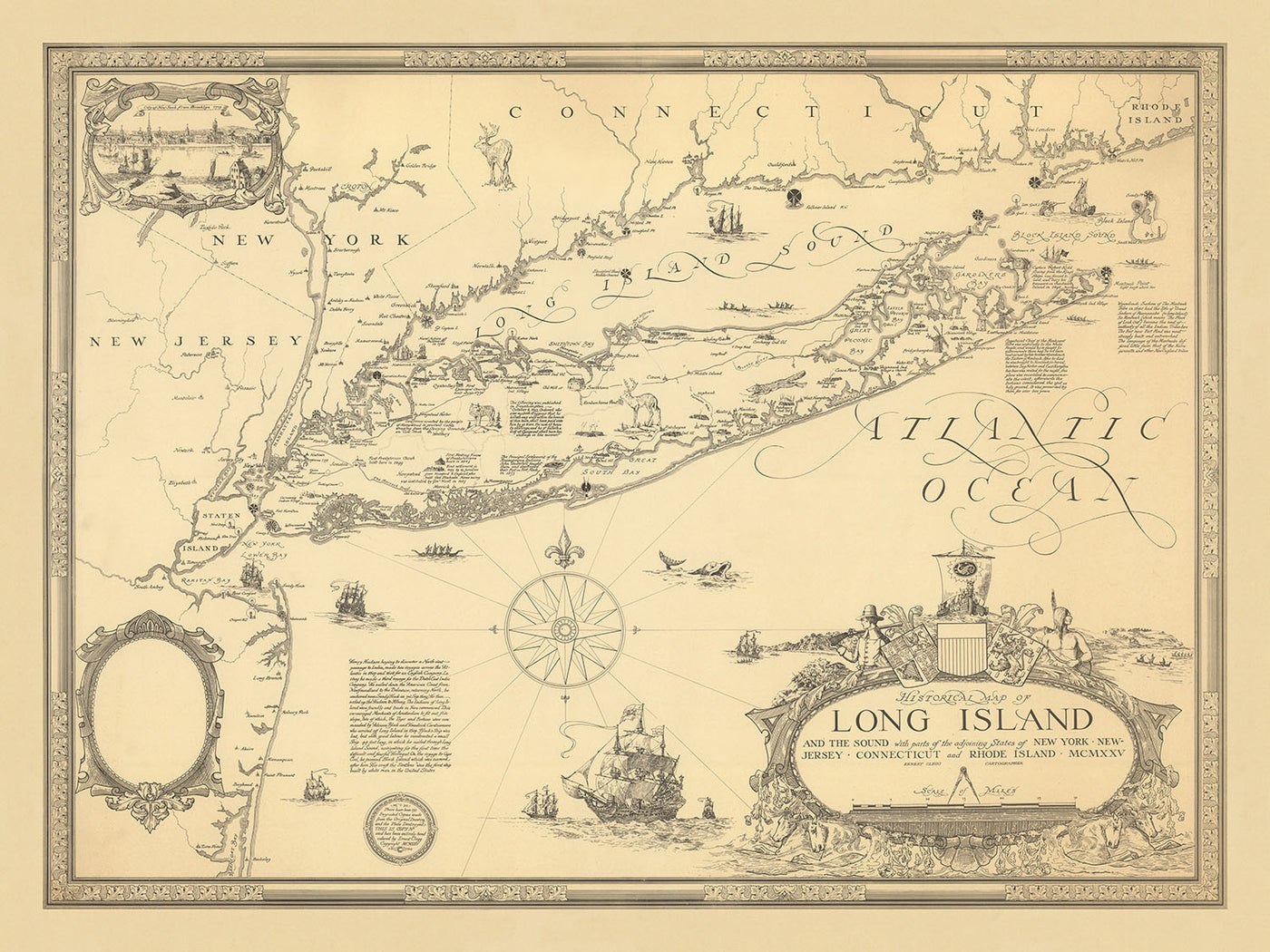 Mapa ilustrado antiguo de Long Island realizado por Clegg, 1925: ciudad de Nueva York, estrecho de Long Island, monumentos históricos, rutas marítimas, primeros asentamientos