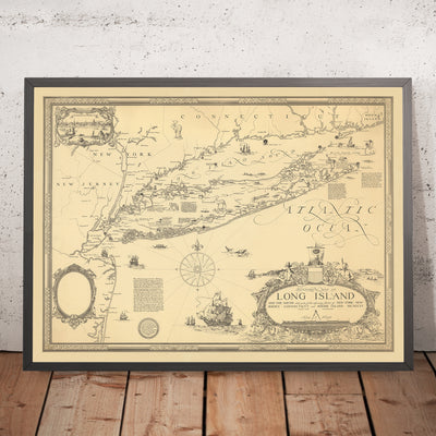 Mapa ilustrado antiguo de Long Island realizado por Clegg, 1925: ciudad de Nueva York, estrecho de Long Island, monumentos históricos, rutas marítimas, primeros asentamientos