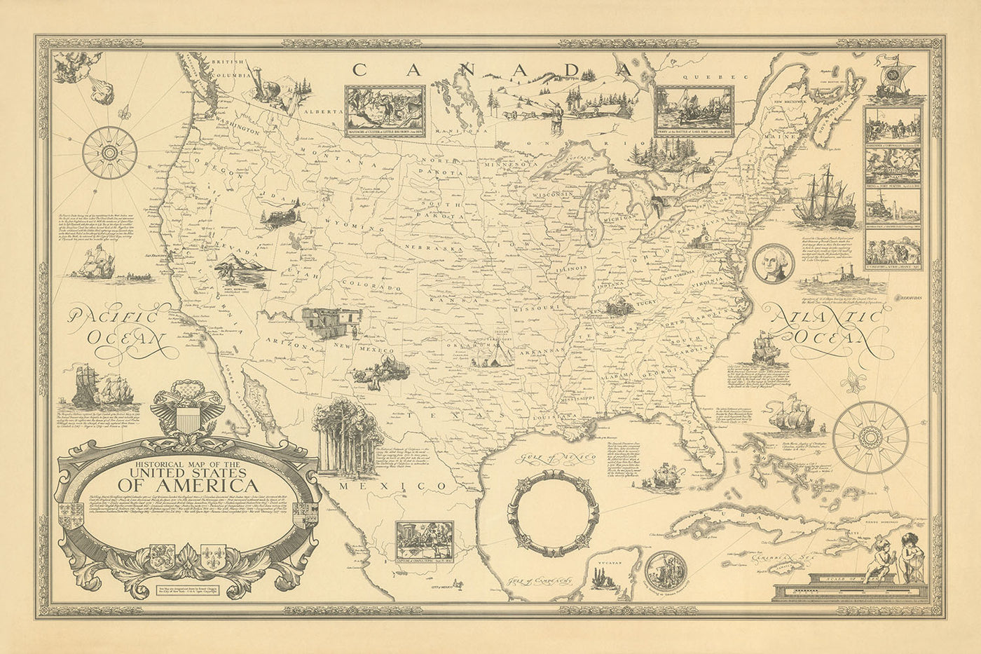 Mapa pictórico antiguo de los Estados Unidos, realizado por Clegg en 1926: Nueva York, Chicago, el océano Pacífico, las Montañas Rocosas y viñetas históricas