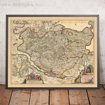 Old Map of Holstein by Visscher, 1690: Hamburg, Lübeck, Kiel, Rendsburg, Neumünster