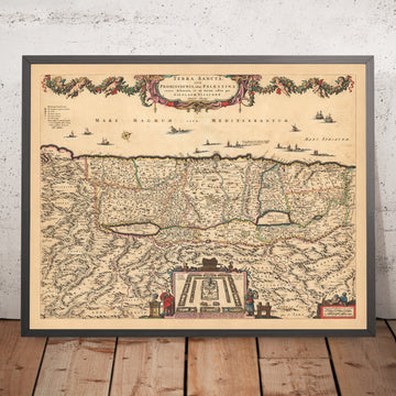 Mappa antica della Terra Santa di Visscher, 1690: Tribù di Israele, Mosè, Gerusalemme, Nazareth, Cisgiordania, Haifa, Mar Morto 