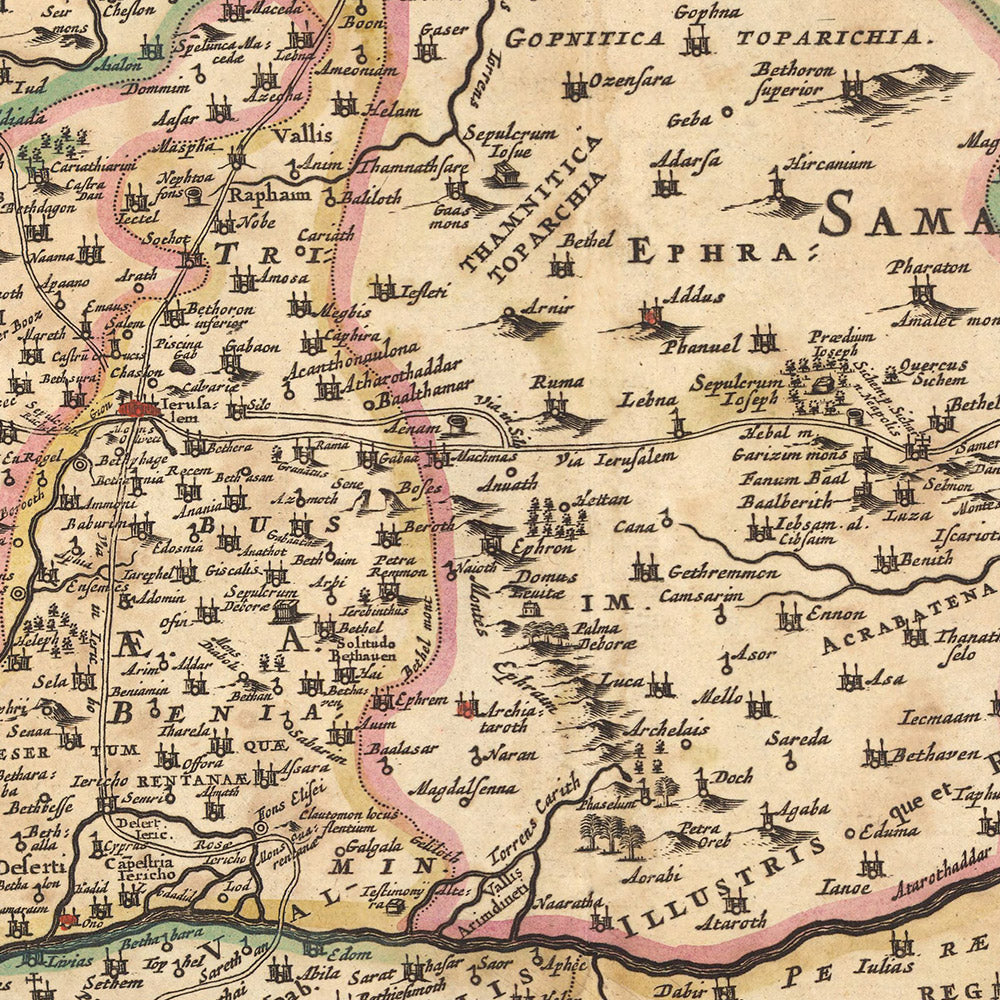 Antiguo mapa de Tierra Santa por Visscher, 1690: Tribus de Israel, Moisés, Jerusalén, Nazaret, Cisjordania, Haifa, Mar Muerto