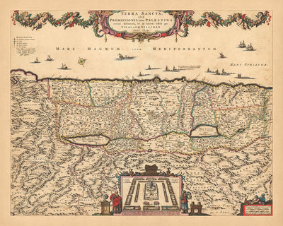 Antiguo mapa de Tierra Santa por Visscher, 1690: Tribus de Israel, Moisés, Jerusalén, Nazaret, Cisjordania, Haifa, Mar Muerto