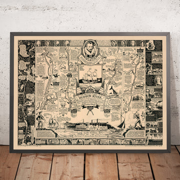 Vecchia mappa del potente fiume Hudson di Waugh, 1958: NYC a Saratoga, cascate, battelli a vapore 