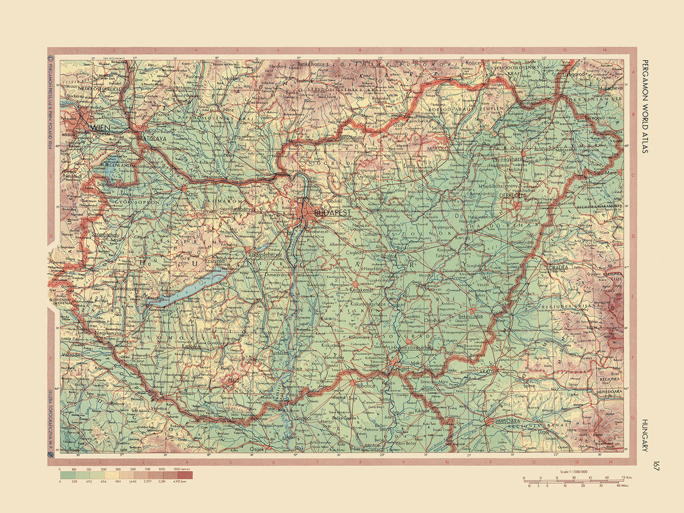 Mapa antiguo de Hungría, 1967: Budapest, río Danubio, lago Balatón, gran llanura húngara, montañas Mátra