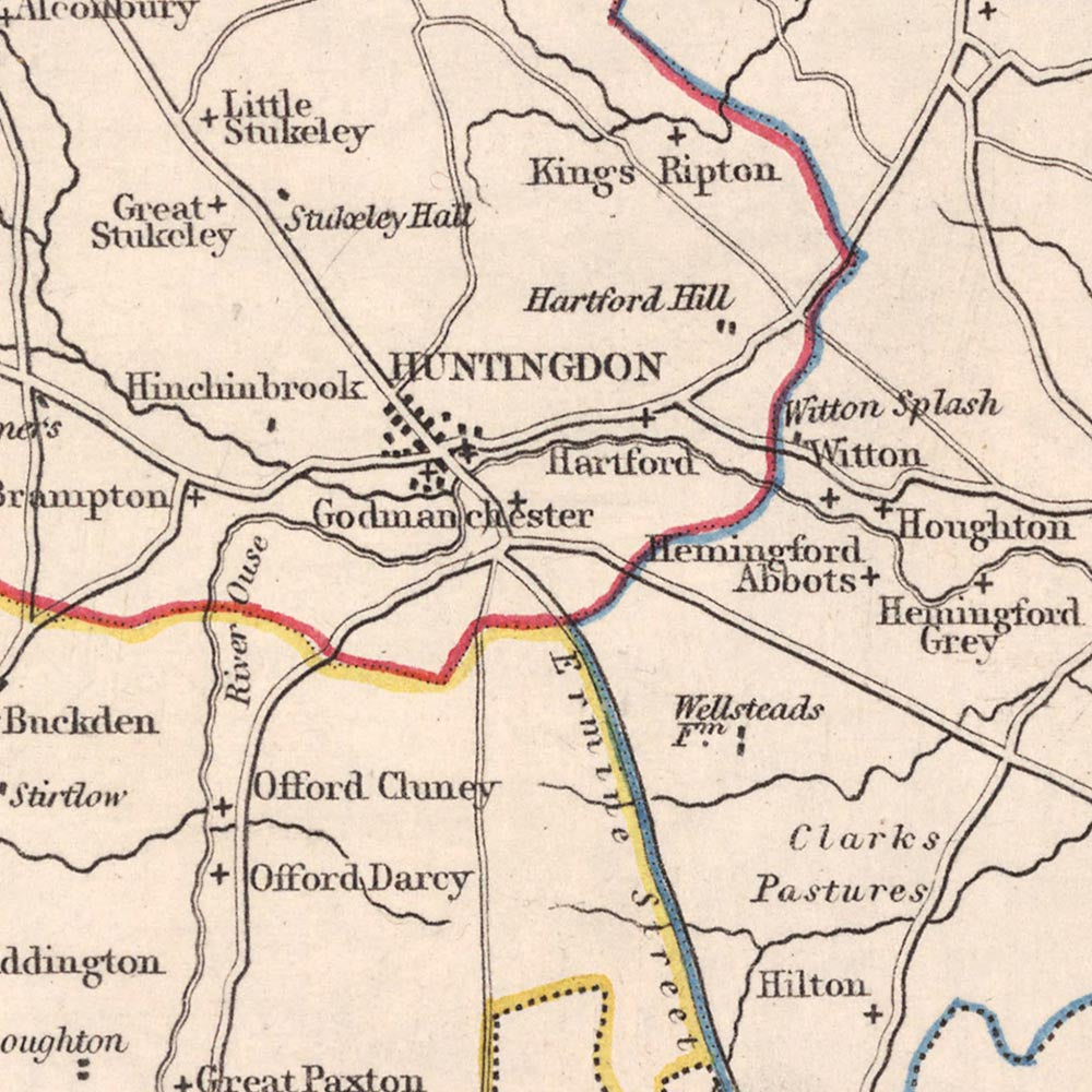 Mapa antiguo de Huntingdonshire por Samuel Lewis, 1844: Huntingdonshire, Stamford, Peterborough, St Ives, Oundle, Huntingdon