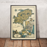 Ancienne carte d'Ibiza et de Formentera, 1934 : tableau pictural des attractions touristiques, des monuments, Méditerranée 
