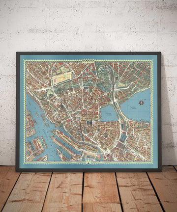 Ancienne carte de Hambourg en 1964 par Hermann Bollman - Binnenalster, Alster Lakes, Heiligengeistfeld, Planten un Blomen, Central Station