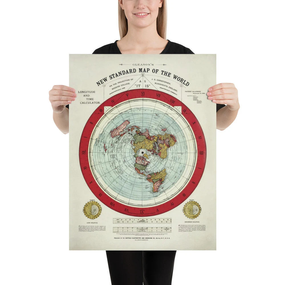 Antiguo mapa del mundo de la Tierra Plana, 1892, por Alexander Gleason - Rara proyección azimutal polar patentada