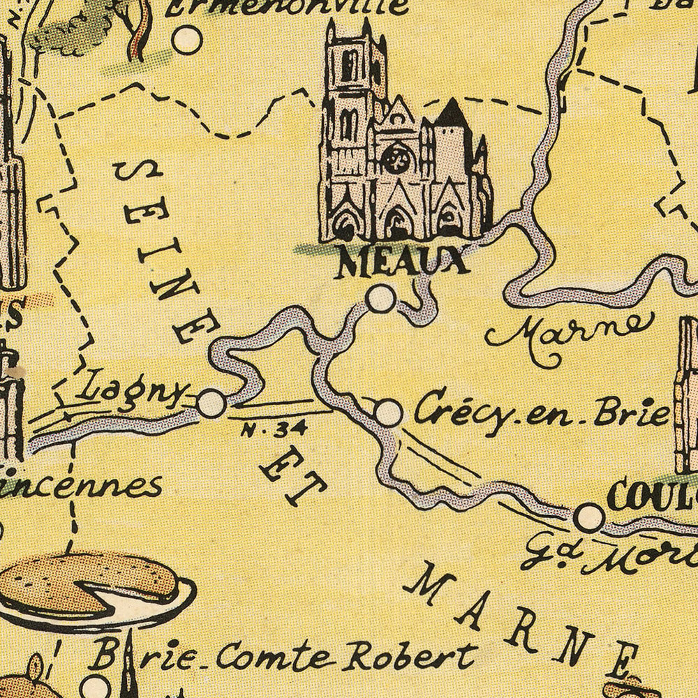 Antiguo mapa pictórico de Ile de France de Liozu, 1951: París, Versalles, Notre-Dame, Fontainebleau, Chartres