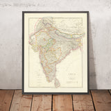 Ancienne carte de l'Inde, du Pakistan et du Bangladesh par Arrowsmith, 1857 : Ceylan, Tibet, Népal, Himalayas, plaines du fleuve Gange 