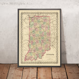 Mapa antiguo de Indiana por JH Colton, 1855: Indianápolis, Fort Wayne, New Albany, Terre Haute, Lafayette