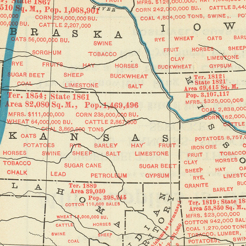 Mapa infográfico antiguo de Estados Unidos y Filipinas, 1901: zonas horarias, bienes económicos, crecimiento territorial