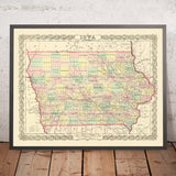 Ancienne carte de l'Iowa par JH Colton, 1856 : Des Moines, Iowa City, Dubuque, Davenport, Burlington