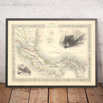 Antica mappa dettagliata di Panama di Tallis, 1851: Canale di Panama, Oceano Pacifico, Mare dei Caraibi, fiume Chagres, Cordillera de San Blas 