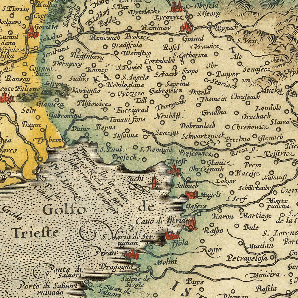 Old Map of Slovenia, Croatia, and Italy by Mercator, 1619: Ljubljana, Trieste, Istria, Karst, Gulf of Venice