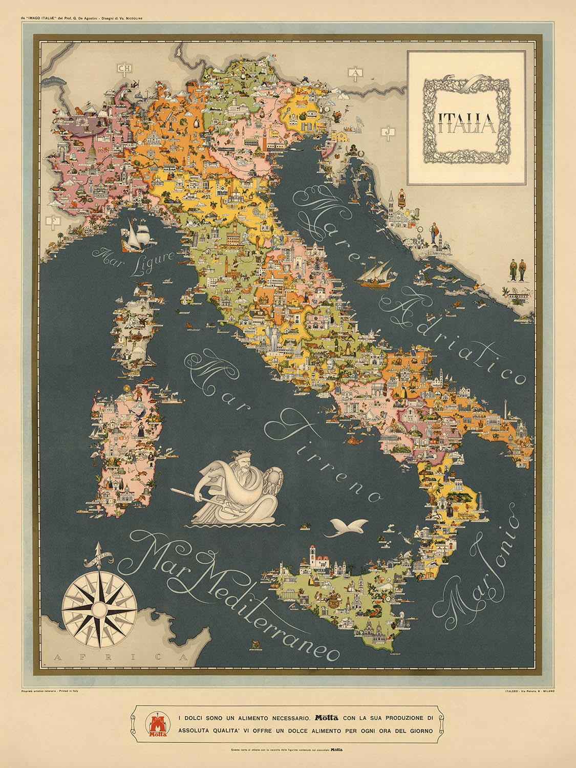 Ancienne carte de l'Italie par De Agostini, 1938 : Rome, Milan, Venise, Alpes, époque fasciste