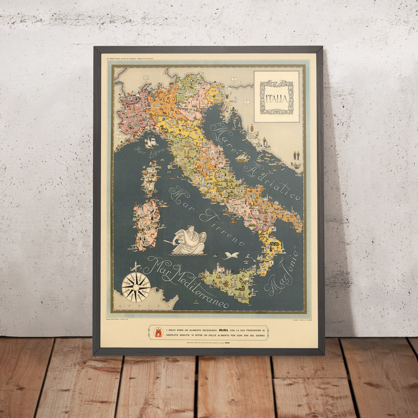 Antiguo mapa de Italia de De Agostini, 1938: Roma, Milán, Venecia, Alpes, era fascista