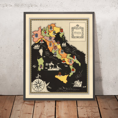 Old Pictorial Map of Italy's Regional Capitals, 1938: City Coat of Arms, Roma, Milano, Firenze, Venezia, Napoli, etc.